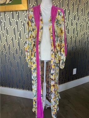 FREE People limited edition Kimono/Longline Duster Jacket with Pink Trim